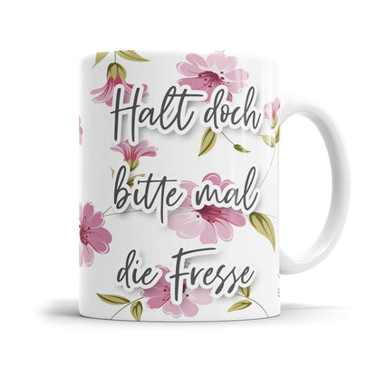 Freche rosa Tasse mit sarkastischer Aussage