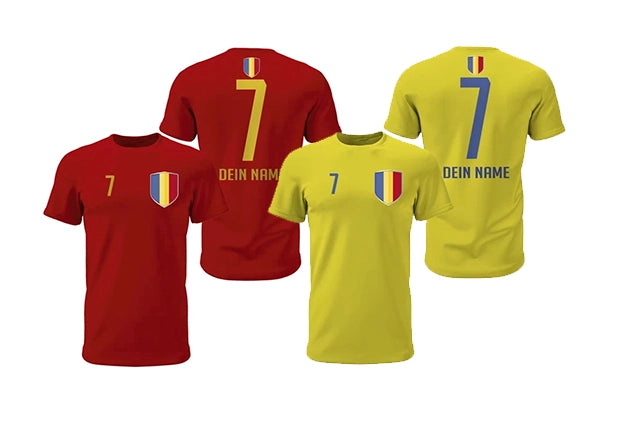 Personalisierte Rumänien Fan-Shirts in Gelb und Rot mit Wappen, Wunschname und Nummer
