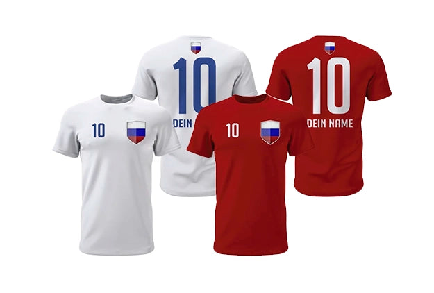 Personalisierte Russland Fan-Shirts in Weiß und Rot mit Wappen, Wunschname und Nummer
