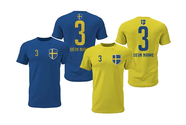 Personalisierte Schweden Fan-Shirts in Blau und Gelb für die ganze Familie