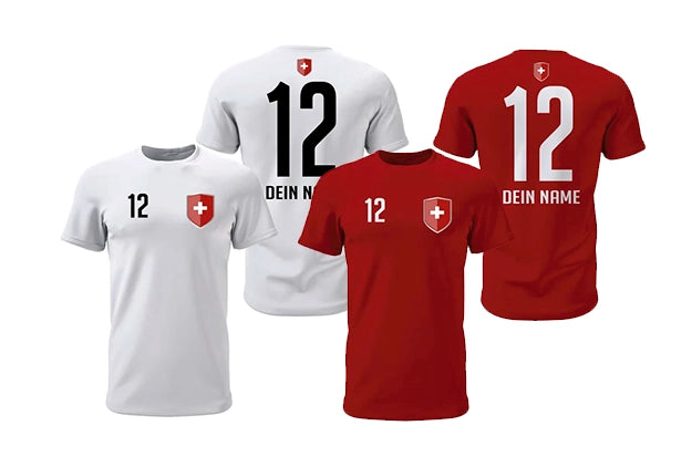 Personalisierte Schweiz Fan-Shirts in Rot und Weiß für die ganze Familie