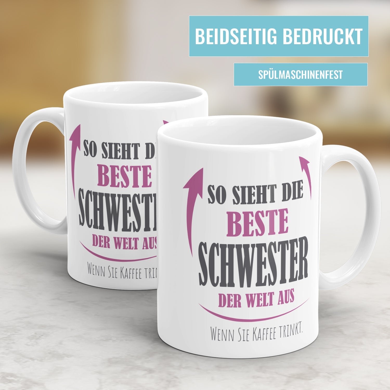 Beidseitig bedruckte Schwester Tassen mit hochwertigem Druck