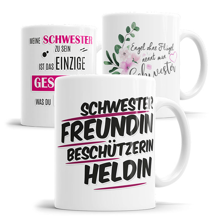Übersicht verschiedener Schwester Tassen mit Spruchmotiven