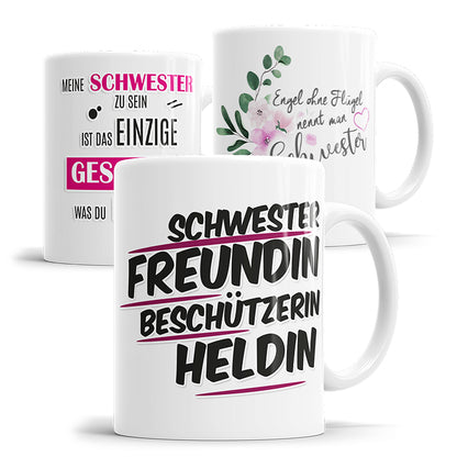 Übersicht verschiedener Schwester Tassen mit Spruchmotiven