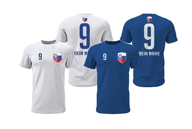 Personalisierte Slowenien Fan-Shirts in Blau und Weiß für die ganze Familie