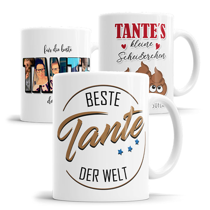 Übersicht personalisierter Tante Tassen mit verschiedenen Motiven