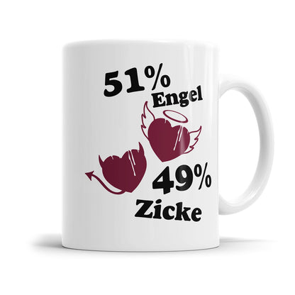 Lustige Tasse für genervte Menschen mit dem Spruch „51 Prozent Engel - 49 Prozent Zicke"