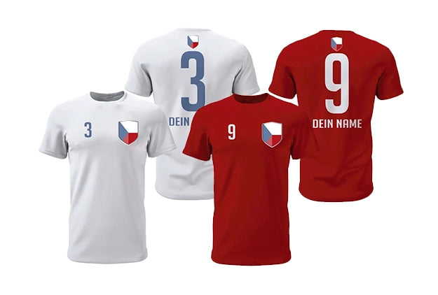Personalisierte Tschechien Fan-Shirts in Weiß und Rot mit Wappen, Wunschname und Nummer
