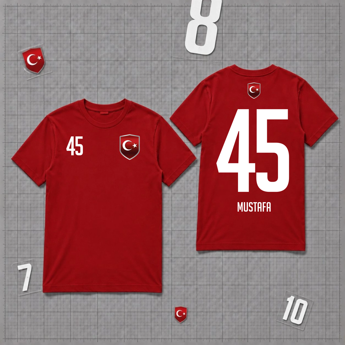 Türkei Fan Shirt personalisiert mit Nummer 45 und Name Mustafa. Rotes Shirt