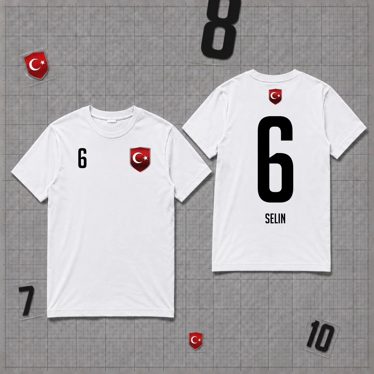 Personalisiertes Türkei Fan Shirt mit den Namen Selin und der Nummer 6 auf weißen Shirt