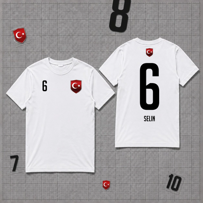 Personalisiertes Türkei Fan Shirt mit den Namen Selin und der Nummer 6 auf weißen Shirt