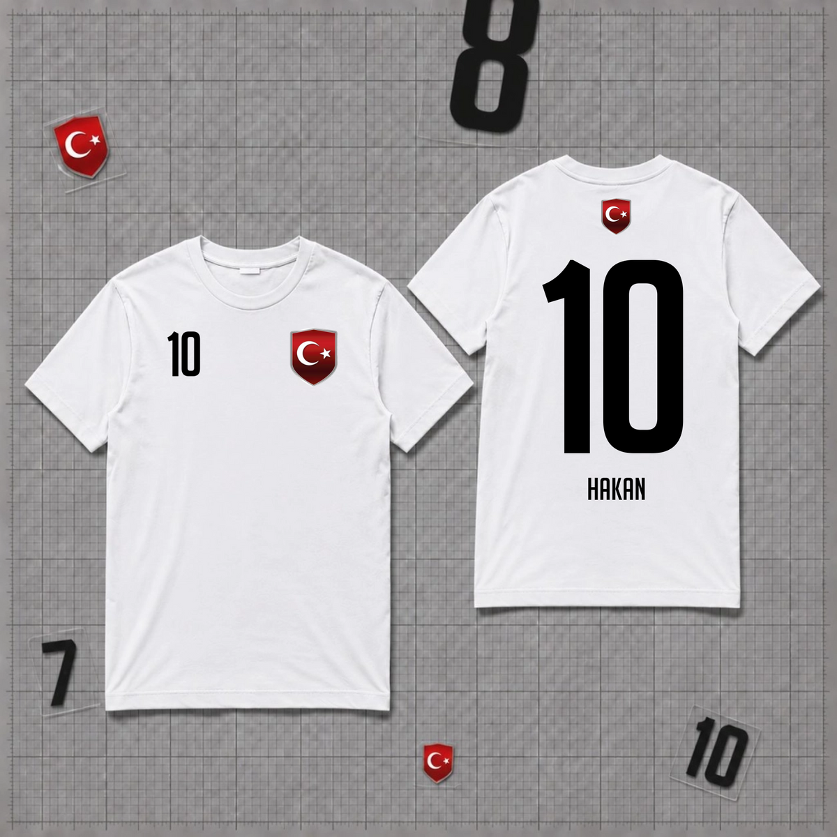 Türkei Fan Shirt personalisiert mit Wunschnummer 10 und Wunschname Hakan auf weißen Shirt 