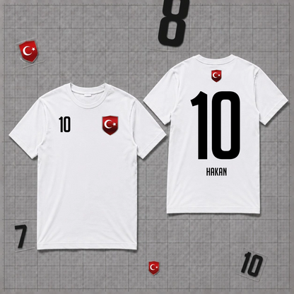 Türkei Fan Shirt personalisiert mit Wunschnummer 10 und Wunschname Hakan auf weißen Shirt 