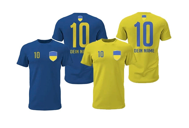 Ukraine Fan-Shirts in Gelb und Blau mit Wappen, Wunschnummer und Name in Vorder- und Rückansicht