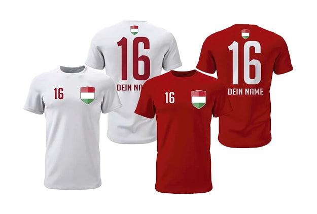 Personalisierte Ungarn Fan-Shirts in Weiß und Rot mit Wappen, Wunschname und Nummer
